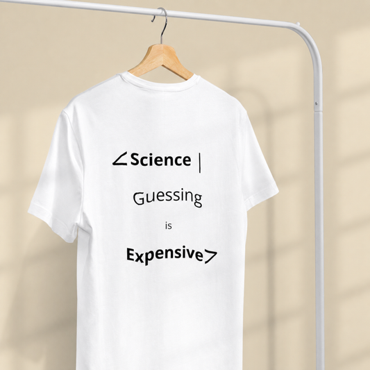 Science Guessing Is Expensive white T-shirt hanging mockup